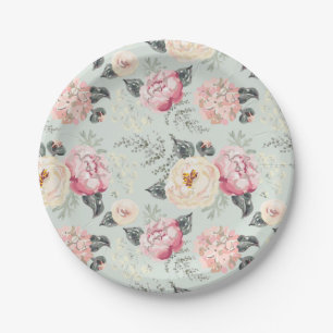 Pink Rose Garden Flower Pattern Paper Plate
