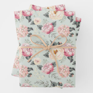Pink Rose Garden Flower Pattern Wrapping Paper Sheet