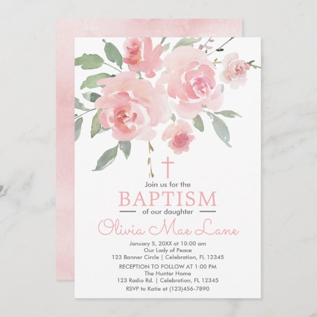 Pink Rose Garden Girl Baptism Invitation (Front/Back)
