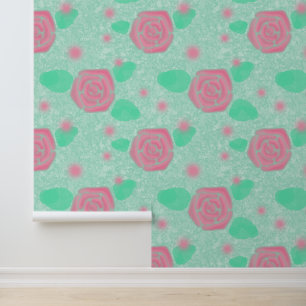 Pink Rose Garden Mint Green Texture Wallpaper