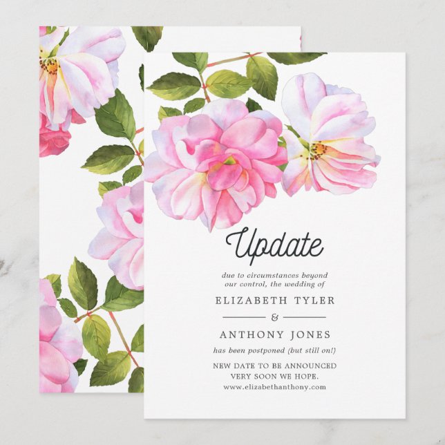 Pink Rose Garden Postponed Wedding Update Invitation (Front/Back)