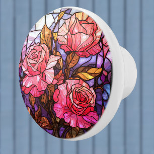 Pink Rose Garden Stained Glass Look Ceramic Knob