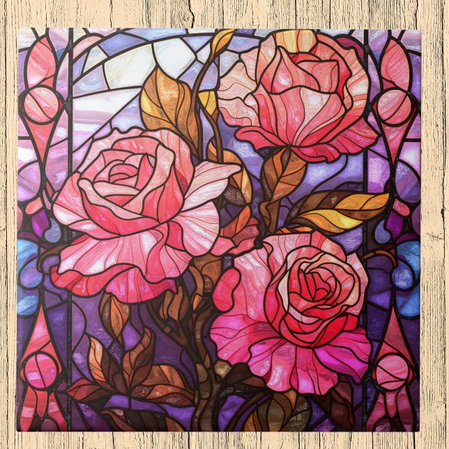 Pink Rose Garden Stained Glass Look Ceramic Tile (Creator Uploaded)