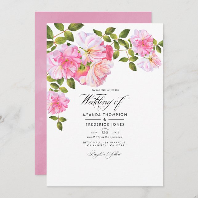 Pink Rose Garden Wedding Photo Invitation (Front/Back)