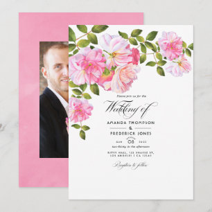 Pink Rose Garden Wedding Photo Invitation