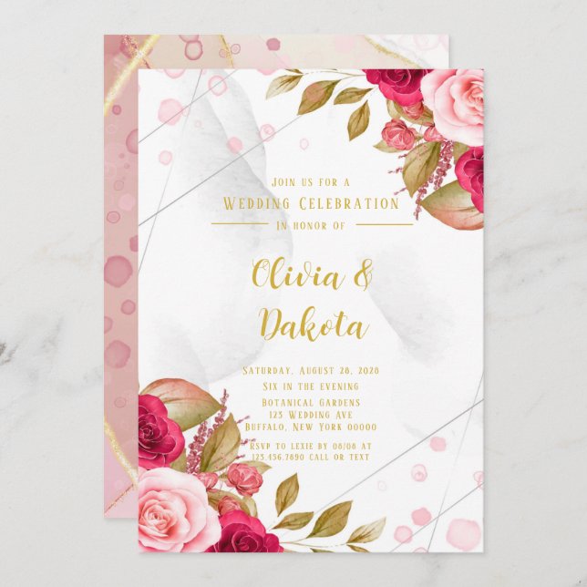 Pink Rose Geometric Alcohol Ink Elegant Wedding Invitation (Front/Back)