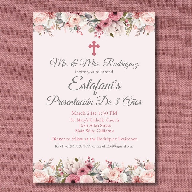 Pink Rose Girl Presentación De 3 Años Invitation (Creator Uploaded)