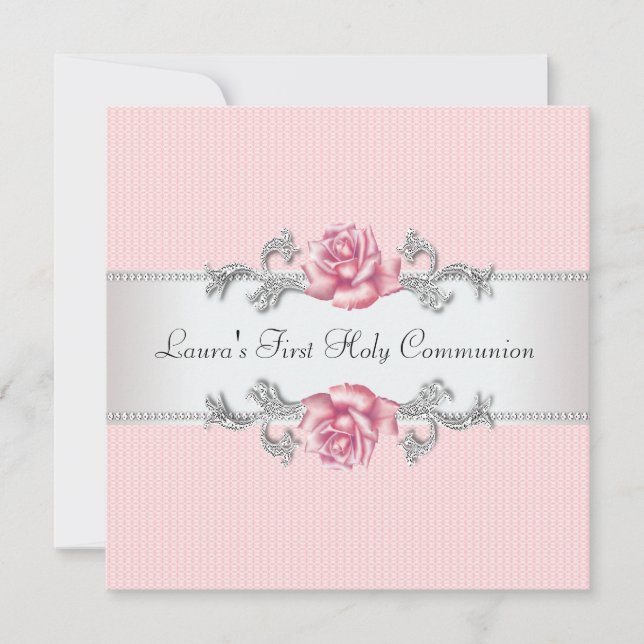 Pink Rose Girls First Communion Invitation (Front)
