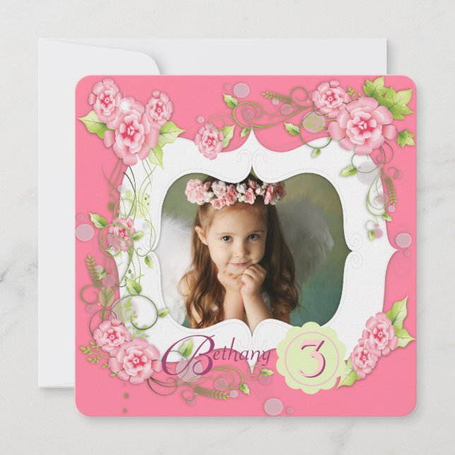 Pink Rose Girls Photo 3rd Birthday Party Invitation (Front)