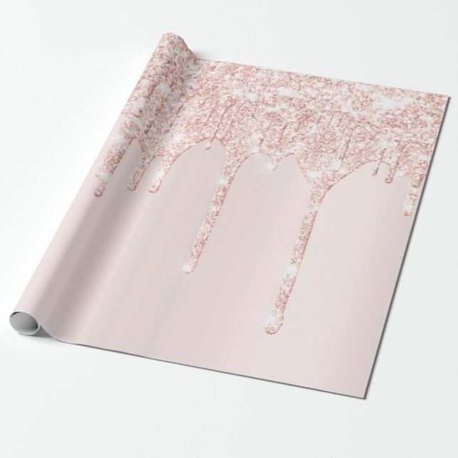 Pink Rose Girly  Blush Spark Powder Drips Glitter Wrapping Paper (Unrolled)