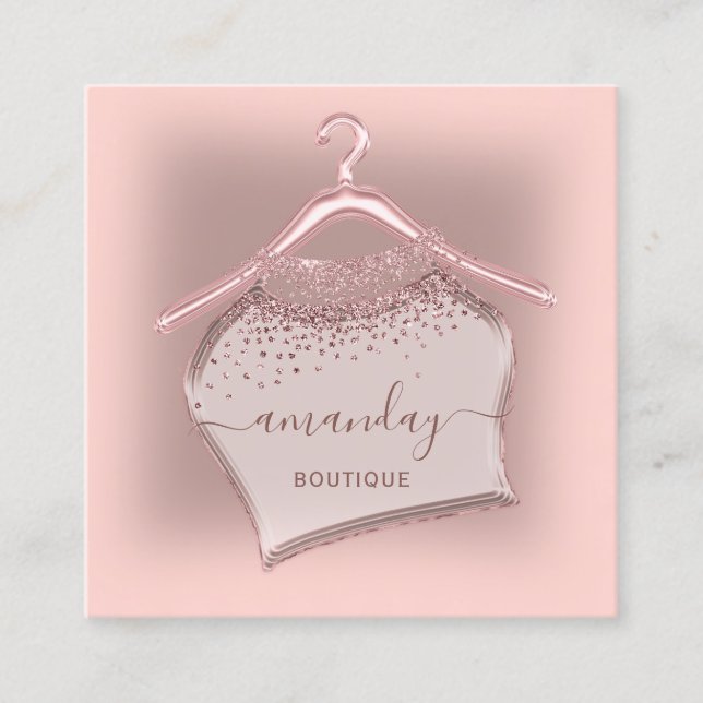 Pink Rose Glitter Cloth Hanger Closet Fashion Shop Square Business Card (Front)
