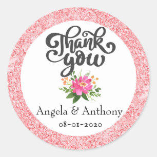 Pink Rose Glitter Floral Wedding Thank You Classic Round Sticker