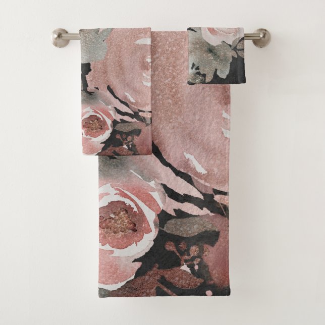Pink Rose Glitter Roses Dark Floral Glam Elegant Bath Towel Set (Insitu)