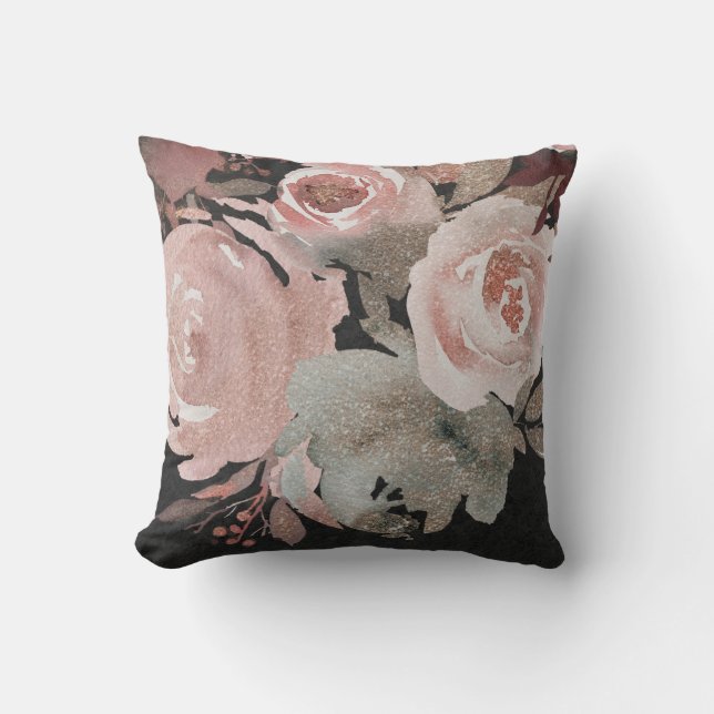 Pink Rose Glitter Roses Dark Floral Glam Elegant Cushion (Front)