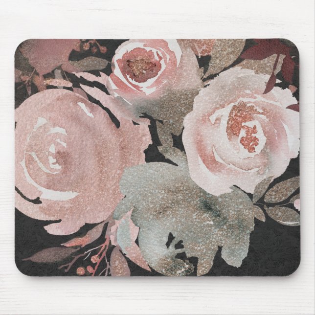 Pink Rose Glitter Roses Dark Floral Glam Elegant Mouse Pad (Front)