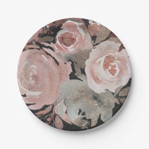 Pink Rose Glitter Roses Dark Floral Glam Elegant Paper Plate