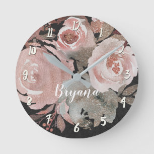Pink Rose Glitter Roses Dark Floral Glam Elegant Round Clock