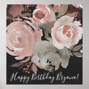Pink Rose Glitter Roses Dark Floral Glam Wedding Poster