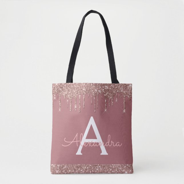Pink Rose Glitter Sparkle Elegant Monogram Tote Bag (Front)