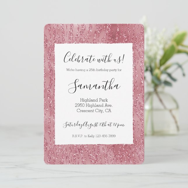 Pink Rose Glitter Zebra Animal Print     Invitation (Standing Front)