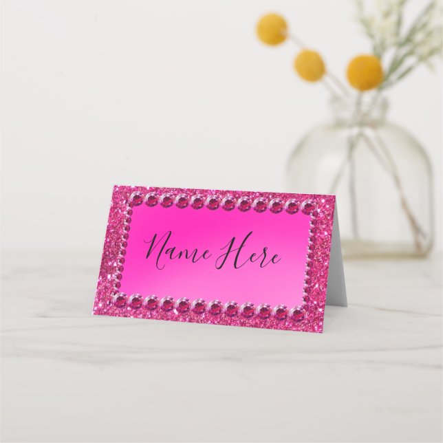 Pink Rose Glitterr Wedding   Place Card (Front)