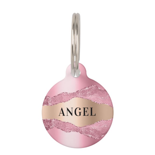 Pink rose gold agate marble name pet tag (Front)
