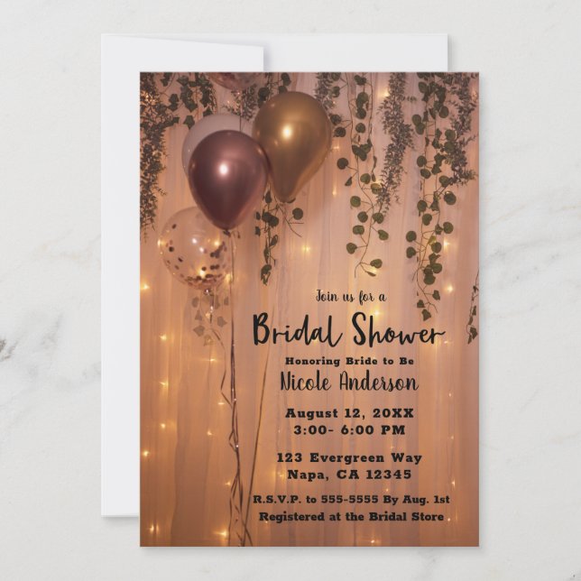 Pink Rose Gold Balloons Lights Ivy Bridal Shower Invitation (Front)