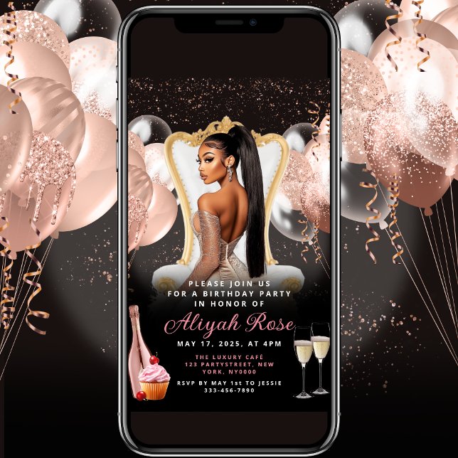 Pink Rose Gold Balloons Royal Birthday Invitation (Creator Uploaded)