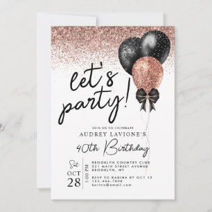Pink Rose Gold Black Glitter Balloon Birthday Invitation
