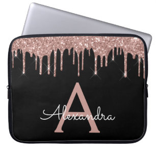 Pink Rose Gold Black Glitter Sparkle Monogram Laptop Sleeve