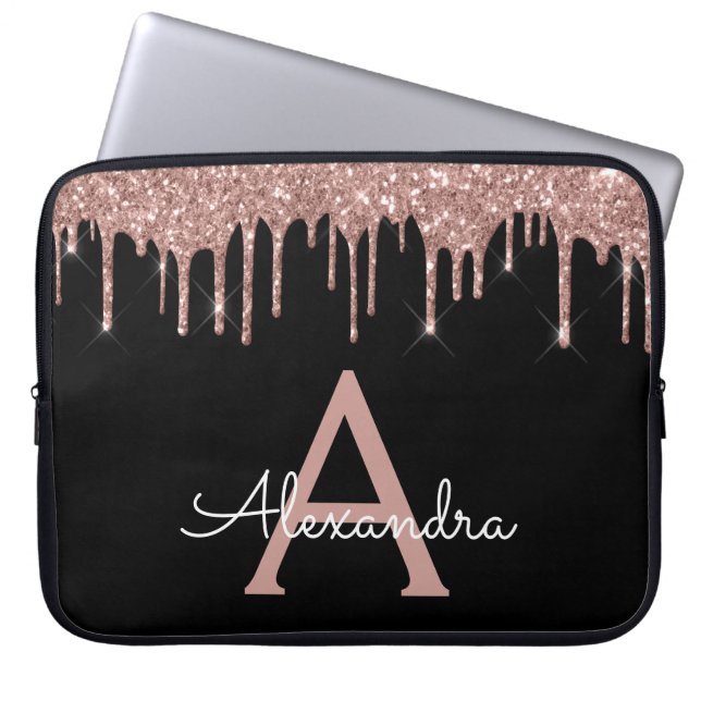 Pink Rose Gold Black Glitter Sparkle Monogram Laptop Sleeve (Front)