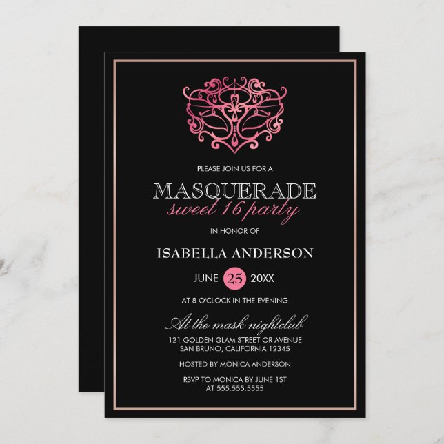 Pink, Rose Gold & Black Masquerade Sweet 16 Party Invitation (Front/Back)