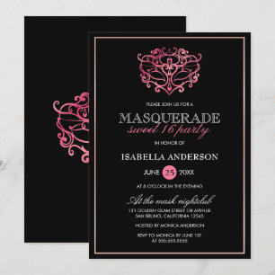 Pink, Rose Gold & Black Masquerade Sweet 16 Party Invitation