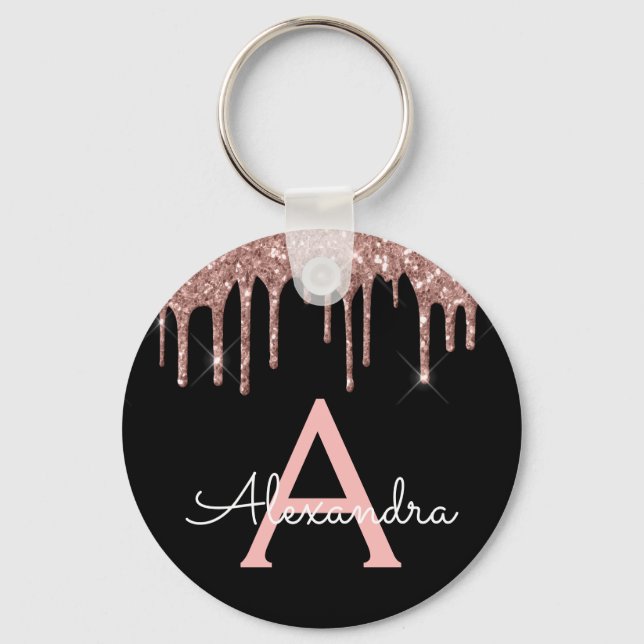 Pink Rose Gold Black Sparkly Glitter Monogram Key Ring (Front)