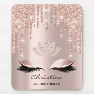 Pink Rose Gold Blush Drip Sparkly Lotus Name Mouse Pad