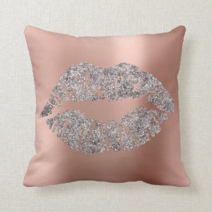 Pink Rose Gold Blush Glitter Kiss Grey Metallic Cushion