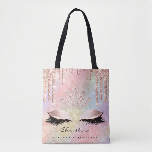 Pink Rose Gold Blush Holograh Diamond Makeup Tote Bag (Front)