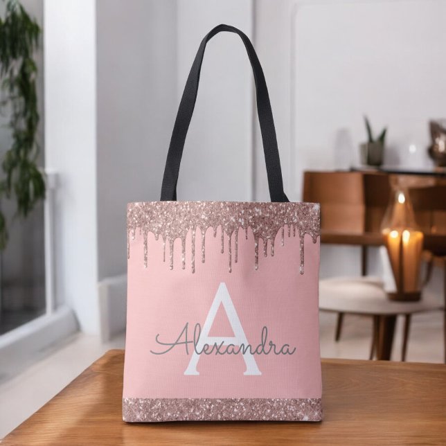 Pink Rose Gold Blush Pink Glitter Elegant Monogram Tote Bag (Creator Uploaded)