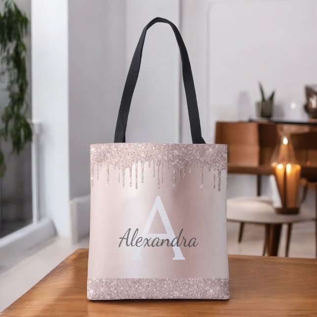 Pink Rose Gold Blush Pink Glitter Elegant Monogram Tote Bag (Creator Uploaded)