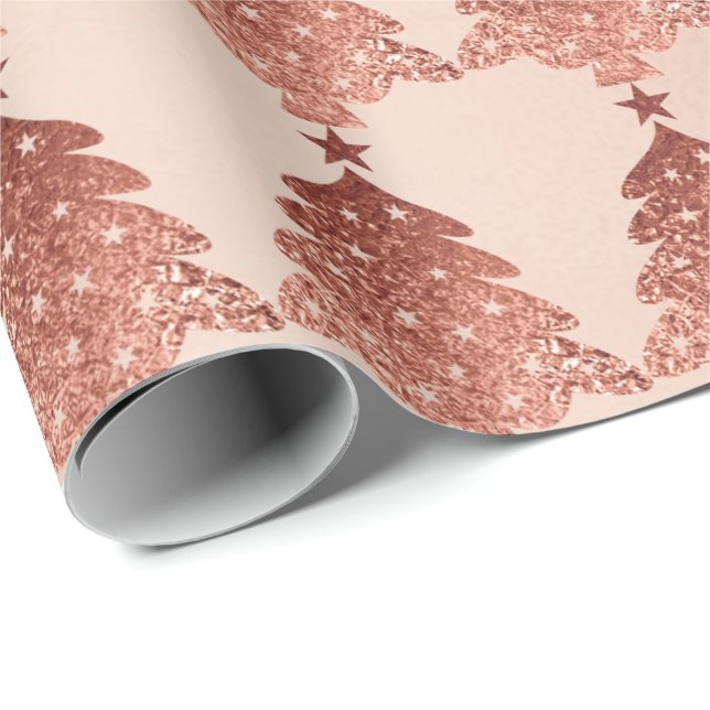 Pink Rose Gold Blush Skinny Christmas Tree Stars Wrapping Paper (Roll Corner)