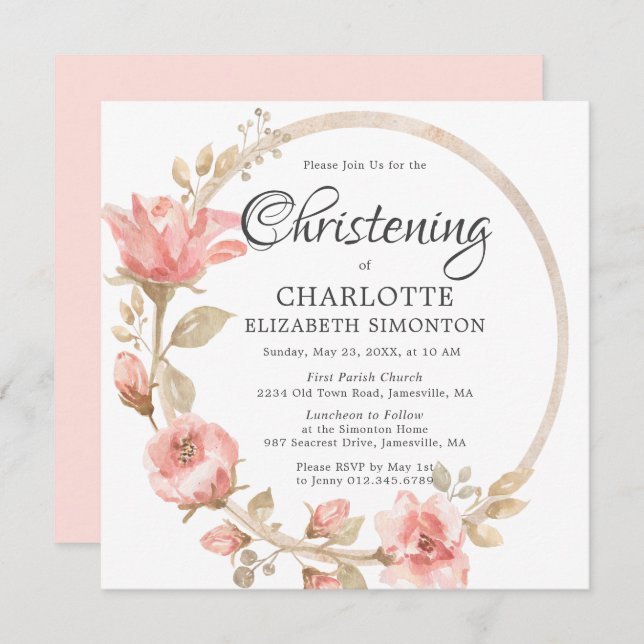 Pink Rose Gold Botanical Square Christening Invitation (Front/Back)