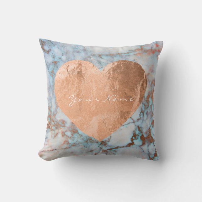 Pink Rose Gold Brush Heart Blue Ocean Marble Cushion (Front)
