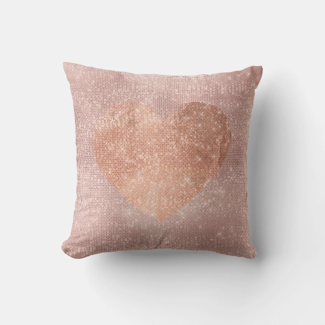 Pink Rose Gold Brush Heart Sequin Sparkly Cushion (Front)