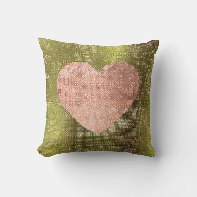 Pink Rose Gold Brush Heart Sequin Sparkly Green Cushion (Front)