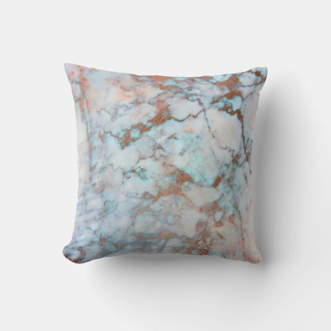 Pink Rose Gold Brush Powder Blue Ocean Marble Cushion (Front)