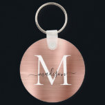 Pink Rose Gold Brushed Metal Girly Script Monogram Key Ring<br><div class="desc">Pink Rose Gold Brushed Metal Girly Script Monogram Keychain</div>