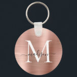 Pink Rose Gold Brushed Metal Girly Script Monogram Key Ring<br><div class="desc">Pink Rose Gold Brushed Metal Girly Script Monogram Keychain</div>