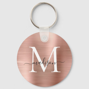 Pink Rose Gold Brushed Metal Girly Script Monogram Key Ring