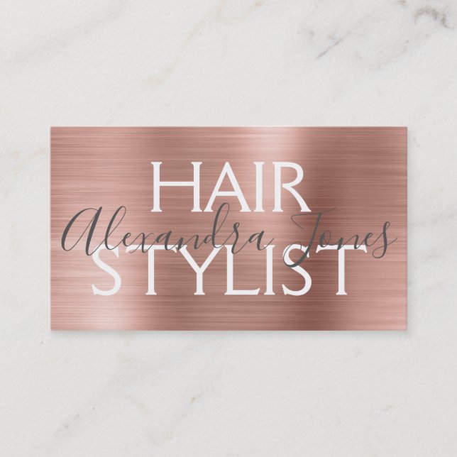Pink & Rose Gold Brushed Metal Hair Stylist Business Card (Front)