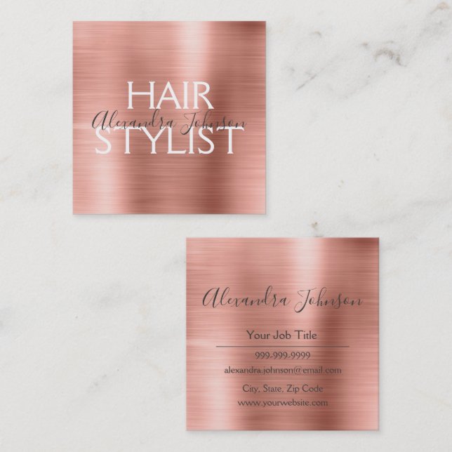 Pink & Rose Gold Brushed Metal Hair Stylist Square Business Card (Front/Back)